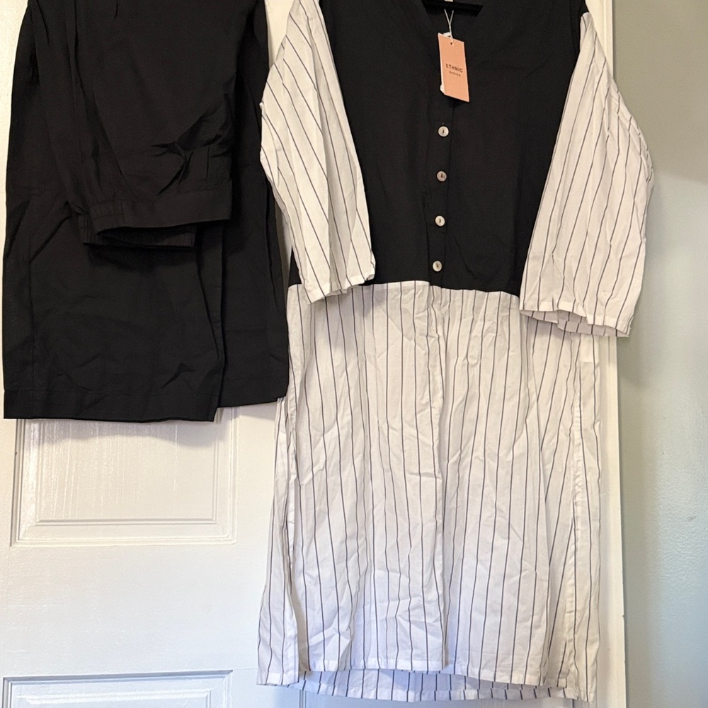 Black and White Striped Button-Up Dress with pants